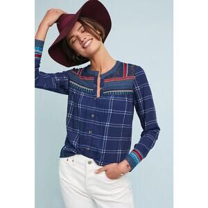 Akemi + Kin Embroidered Plaid Button-Down Shirt Blue - 2